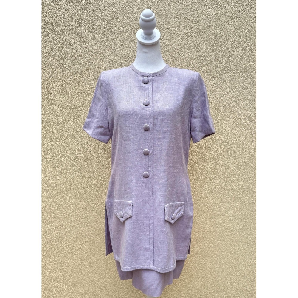 Carolina Herrera purple lilac lavender embroidered linen blend mini shift dress